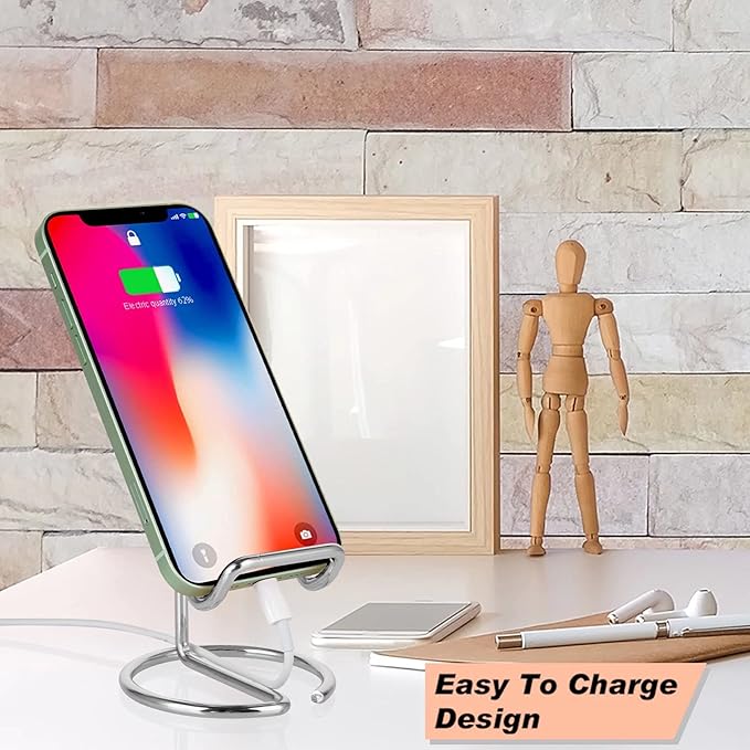 ROPOSY Cell Phone Stand for Desk, Cute Metal Silver Cell Phone Stand Holder Desk Accessories, Compatible with All Mobile Phones, iPhone, iPad