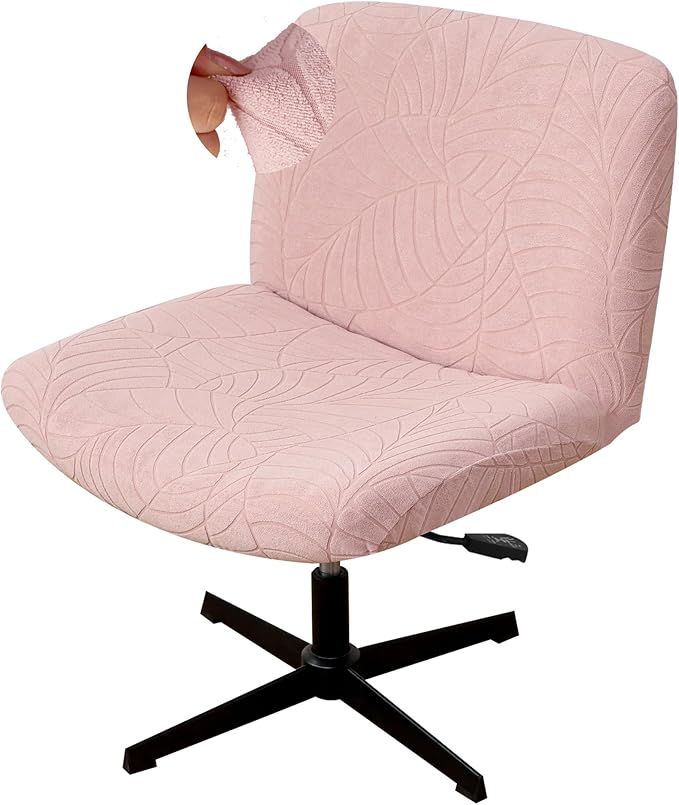 Criss Cross Desk Chair Cover Pink Jacquard Leaf Stretch Armless Vanity Chair Slipcover 1 Piece Water-Resistant Washable