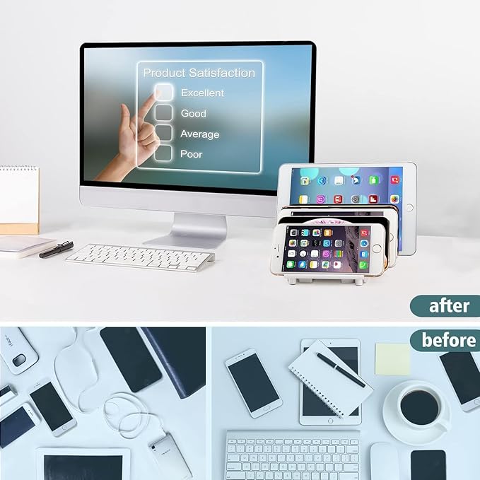 Adjustable Phone Stand Holder Dock Mobile Phone Tablet Organizer Multi Device Universal Desktop Stand Rack for iPhone Samsung Kindle Fire Tablet and Most Electronics Devices-No Charging Port (S-White)