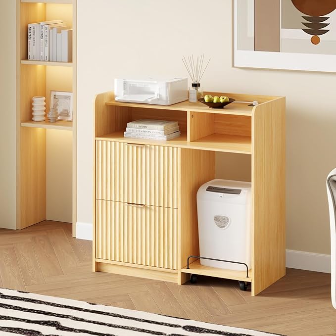 VINGLI Lateral 2 Drawer File Cabinet with Cart, Home Office Filing Organizer for Letter File Folder Storage, Fluted Design, Wood Filing Cabinet with Socket, Wide Printer Paper Shredder Stand (Oak)