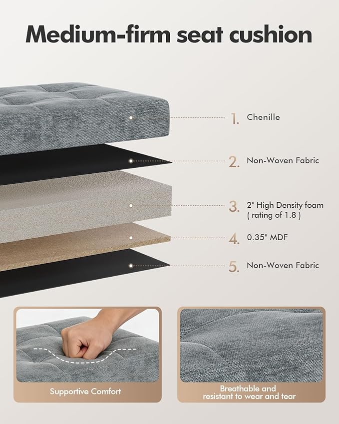 ABHENG Chenille Metal Framed Storage Ottoman,12.2" D x 16.1" W x 17.7" H Tufted Upholstered Ottoman with Storage,Foot Rest Stool with Legs,Holds 770 LB for Dorm Living Room Bedroom Gray UASND70G