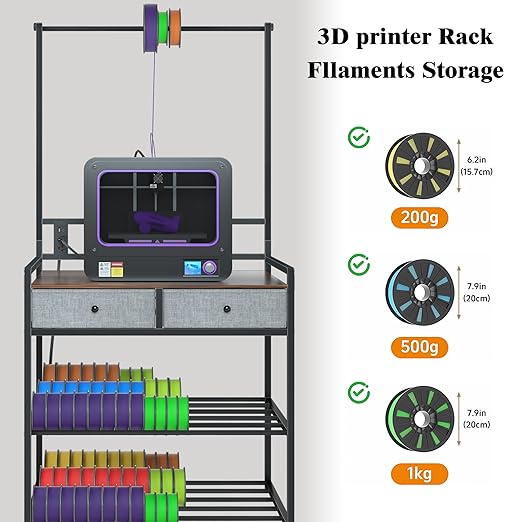 DALEMHOME 3D Printer Stand with Storage, 3D Printer Table with Power Outlet & Filament Rack, Heavy Duty Metal Workstation with Drawers for 3D Printing, Rustic Brown, 31.5" L x 23.6" W x 63" H