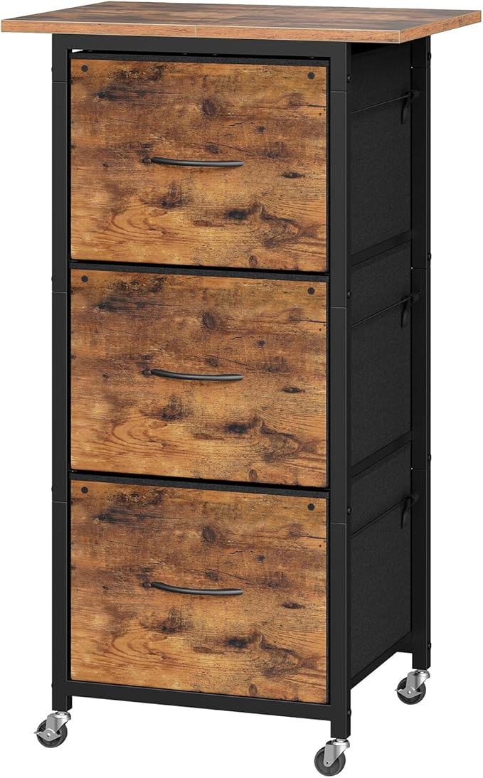 MAHANCRIS 3 Drawer File Cabinet, Vertical Filing Cabinet with Wheels, Printer Stand with Non-Woven Fabric Drawer, Adjustable Hanging Rods, fits A4/Letter Size, for Home Office, Rustic Brown FCHR5901