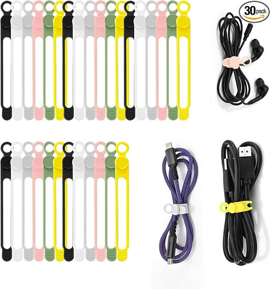 30Pcs Reusable Silicone Cable Ties Colors Wire Organizers for Cords, Charging Cables, USB Data Cables Electrical Cord Management 6Colors