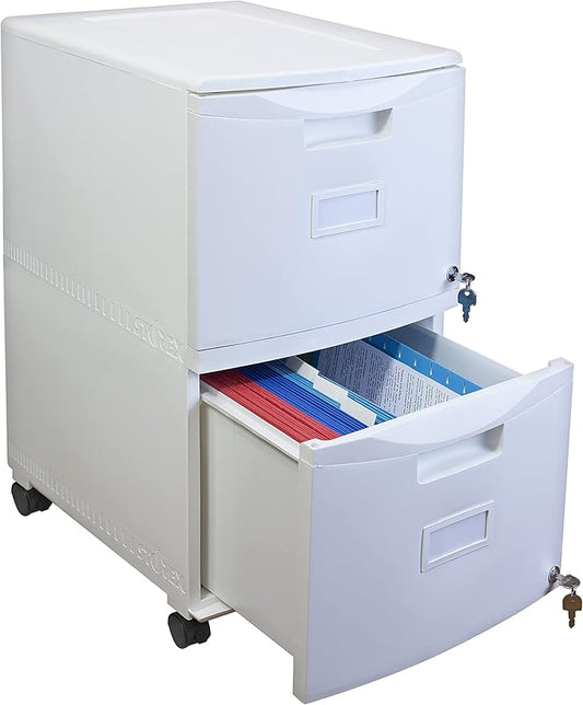Storex Plastic Two-Drawer Mobile Pedestal File Cabinet – Locking Document Organizer with Casters for Home and Office, White, 1-Pack (61316A01C)