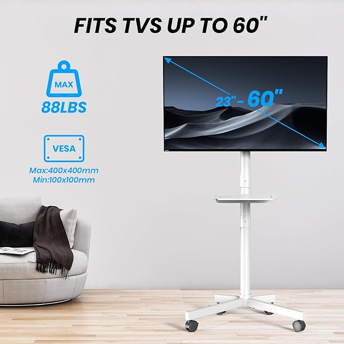 Mobile TV Cart for 23-60 Inch LCD LED OLED Flat Curved Screen TVs - Height Adjustable Rolling Floor Stand with Shelf and Locking Wheels - Up to 88lbs, Max VESA 400x400mm, White