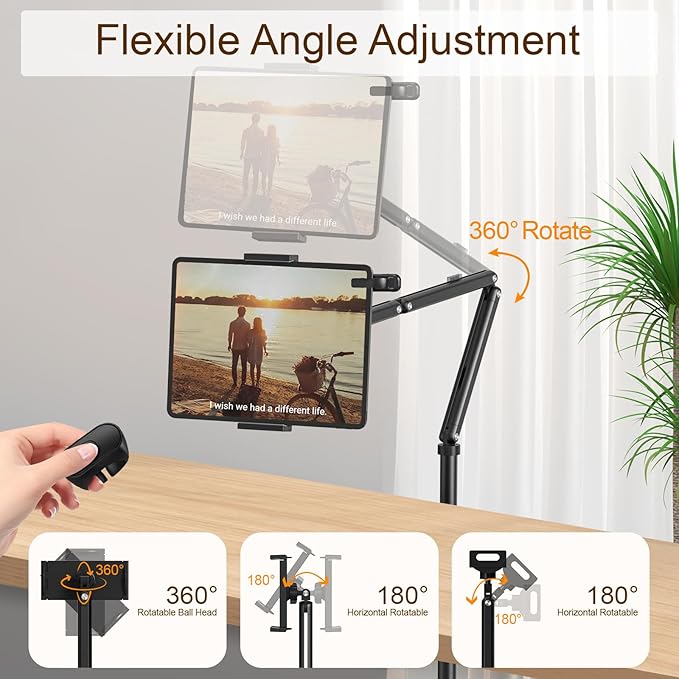 Houele Tablet Floor Stand with Remote Page Turner, iPad Floor Stand Kindle Holder with Removable Tray for Bed, Height Adjustable Tablet Mount iPad Holder for 4.7" -15.6" Kindles iPads and Phones