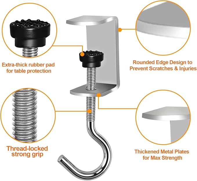 8 Pcs Desk Hook, Adjustable Shelf Hooks Heavy-Duty Table Hook Clamp Metal Desk Hanger Hanging Bag Backpack Headphones, Tool-Free Installation Desktop Mounting Hook (Sliver 8 Pcs)
