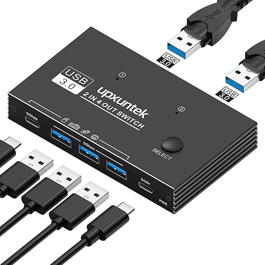USB 3.0 Switch Selector, 2 Computers Sharing 4 USB Devices, 5Gbps High-Speed Switch for Keyboard, Mouse, Printer, Scanner, Includes USB-A & USB-C Cables