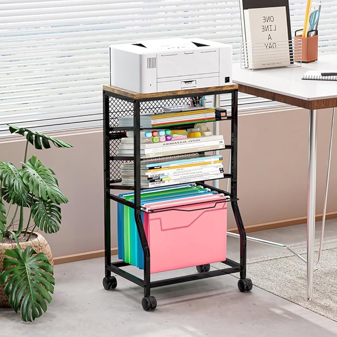 INGIORDAR 5-Tier Rolling File Cart, Under Desk Storage Organizer with Lockable Wheels & Mesh Sliding Trays, Multi-Functional Mobile Utility Cart for Office, Home, School, Black