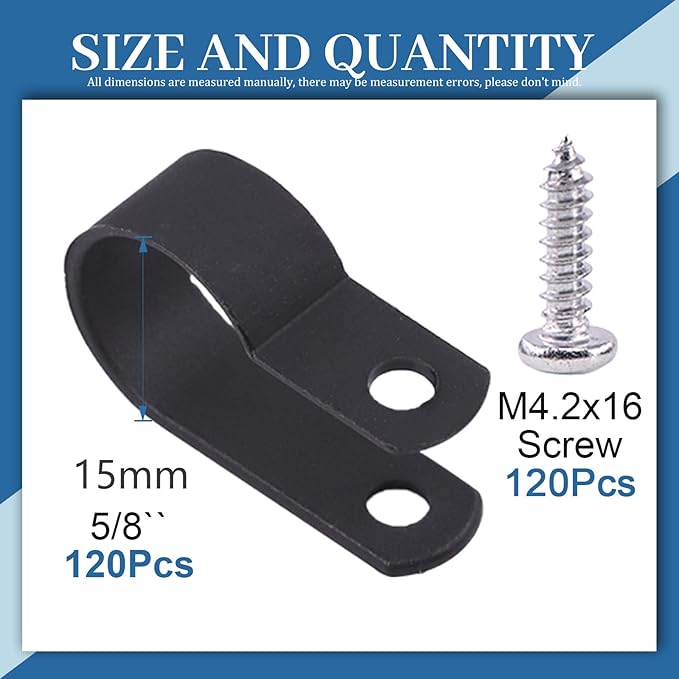 Glarks 120Pcs 5/8 Inch Black Nylon Screw Mounting R-Type Cable Clip Wire Clamp with 120Pcs Screws for Wire, Cable, Conduit and Cable Conduit Kit (Black)