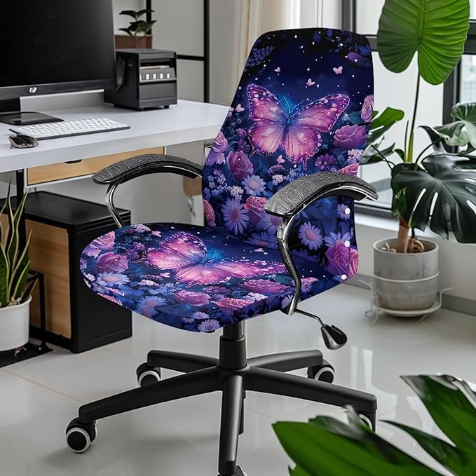 Talayituse Butterfly Rose Daisy Flower Print Office Chair Covers, Stretch Computer Chair Cover, Universal Boss Chair Covers Modern Simplism Style High Back Chair Slipcover, Small