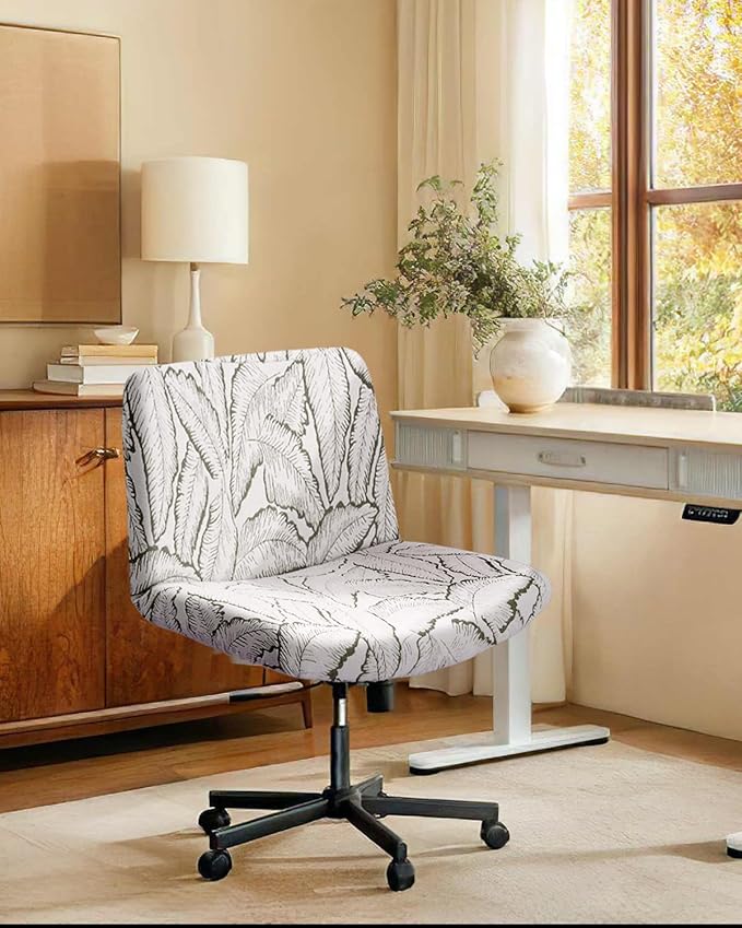 Fuloon Criss Cross Chair Cover, Stretchable, Solid Jacquard, Armless Chair Slipcovers for Office/Desk/Mid Back Wide Seat/Computer/Task/Vanity Chair (Reed -Shaped Jacquard, Green)
