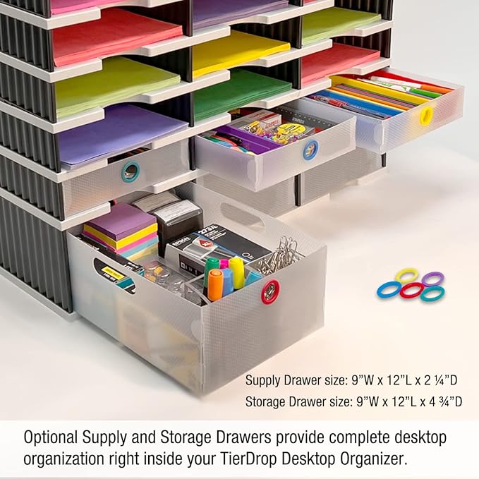 Ultimate Office Desktop Organizer 6 Letter Tray Sorter PLUS Riser Storage Base for Easy Access to Lower Slots, Desk Accessories & Supplies. Optional File Topper & Drawers