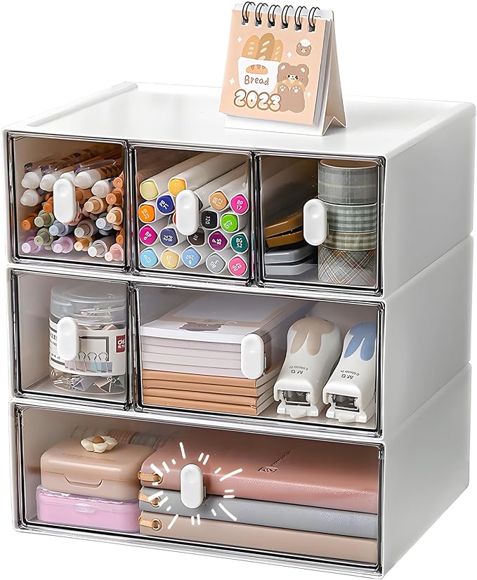 Desktop Storage Drawers, Plastic Desk Organizer with 6 Drawers, Modular Stackable Toolbox Units for Office Stationary, Makeup Container, Bathroom Countertop (3 Tiers, White & Clear)