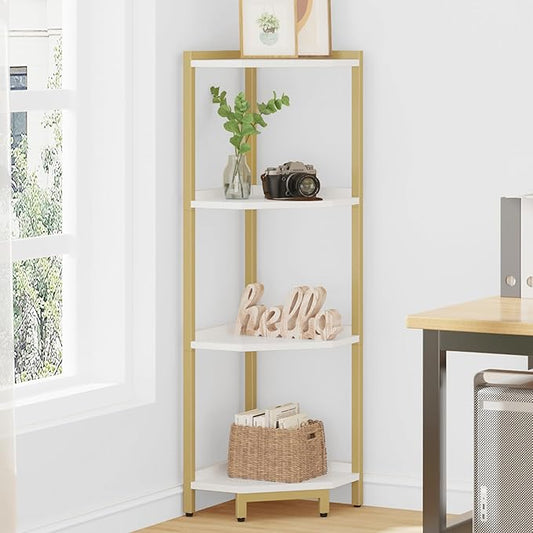 Hzuaneri Corner Shelf Stand, Corner Bookshelf, Storage Standing Shelf Unit with Metal Frame, Plant Stand, Bookcase for Living Room, Home Office, Bedroom, 4-Tier White Gold CS05803A