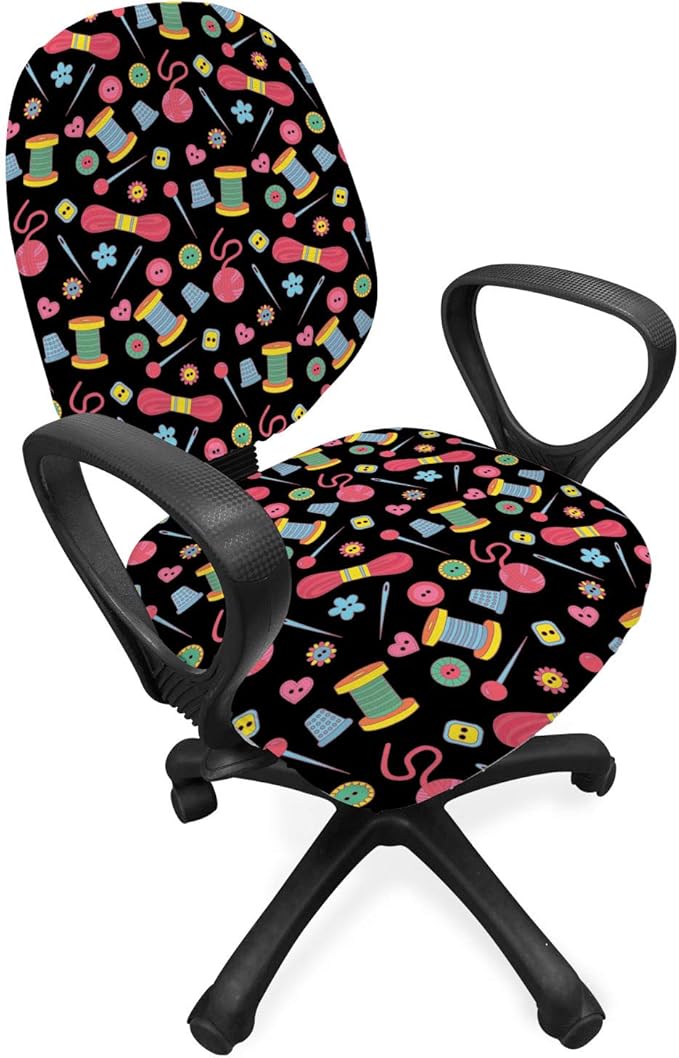 Ambesonne Hobby Office Chair Slipcover, Colorful Sewing Tools on The Dark Background Handicraft Needlework Knit Theme, Decorative Stretch and Washable Fabric Cover, Standard Size, Multicolor Pink