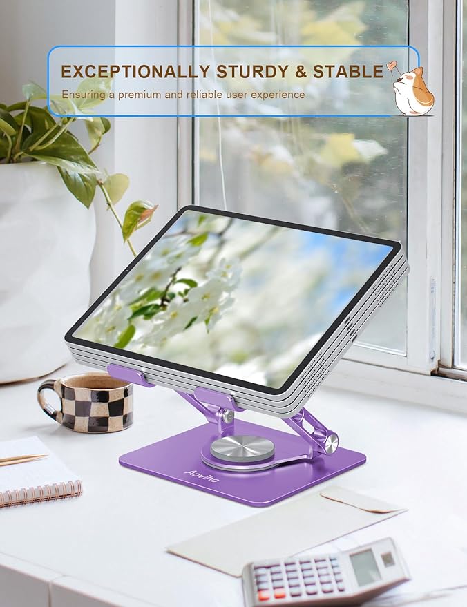 Aoviho Tablet Stand 360° Rotating Aluminum Holder - Adjustable, Portable & Foldable Monitors Stand for iPads, Compatible with 4-13.3" Tablets, Purple