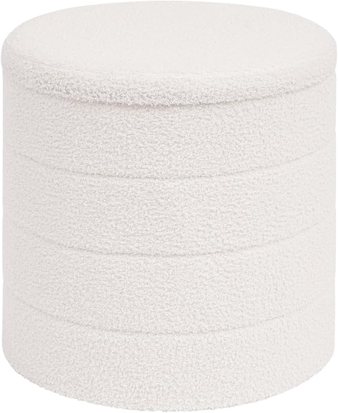 18" Tall Round Boucle Storage Ottoman, Sherpa Teddy Fabric Ottoman Footstool with Wooden Tray Reversible Lid, Folding Footrest with Storage for Living Room, Bedroom, Dorm, White