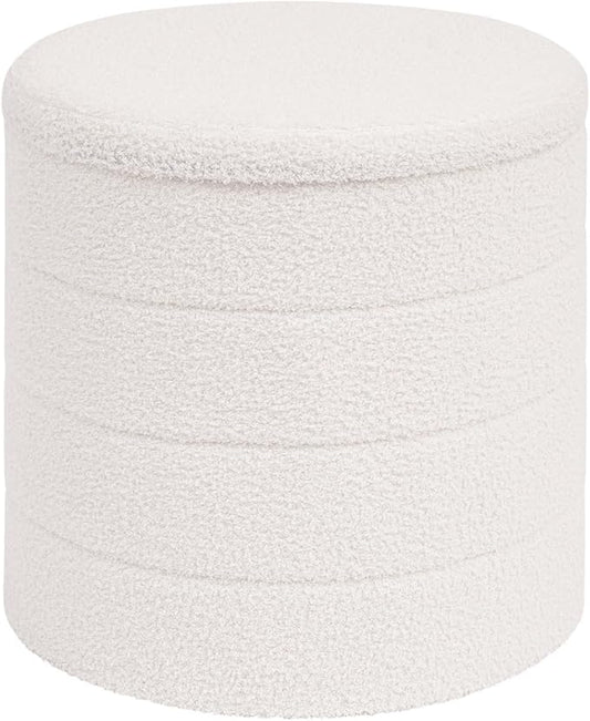 18" Tall Round Boucle Storage Ottoman, Sherpa Teddy Fabric Ottoman Footstool with Wooden Tray Reversible Lid, Folding Footrest with Storage for Living Room, Bedroom, Dorm, White