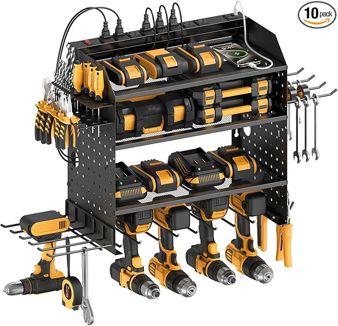 CCCEI Modular Power Tools Organizer with USB Charging Station, 4 Layer Drills and Battery Storage Wall Mount, Garage Shop Organization, Anniversary, Birthday, Gifts for Men, Father, 6FT Cord, Black.