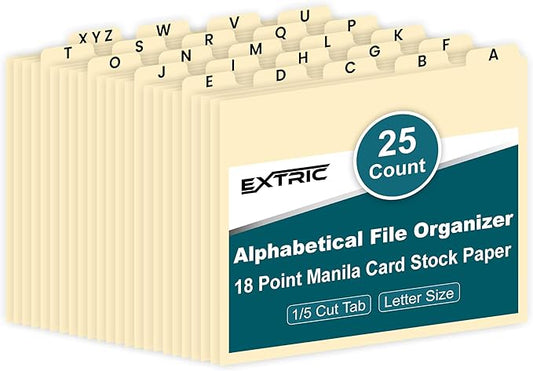 Alphabetical File Organizer, File Cabinet Dividers Letter Size, 25 Heavyweight Manila Guides A-Z Dividers with Tabs, 1/5 Cut Tab Positions Filing Cabinet and Desk Organizer