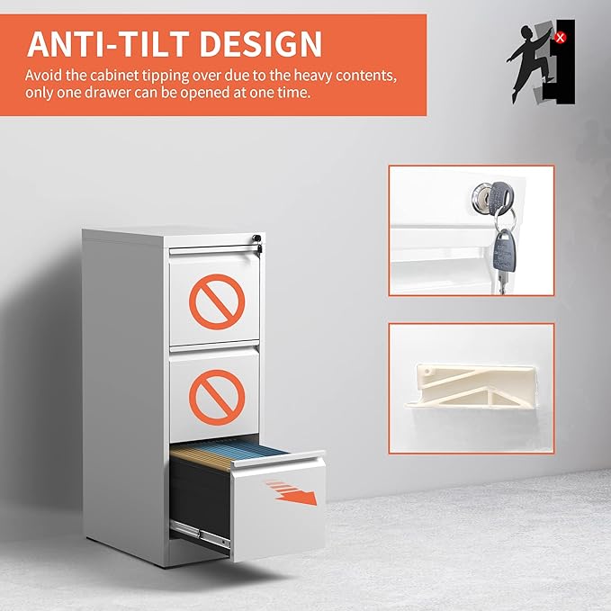 IKIMI 3 Drawer File Cabinet with Lock,Metal Filing Cabinets for Home Office,Steel Vertical File Cabinet,Heavy Duty Metal Storage Cabinet for A4/Letter/Legal Size Files,Assembly Required
