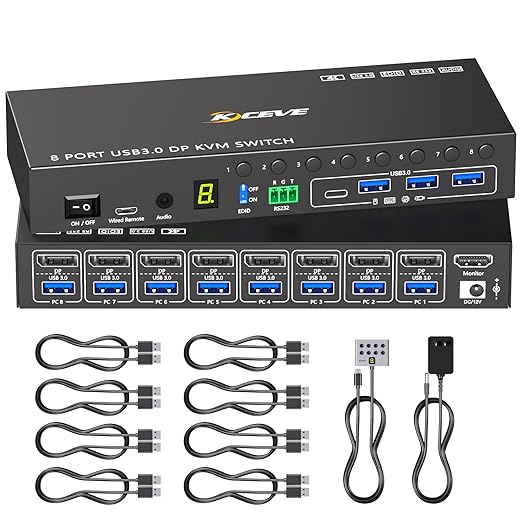 8 Port KVM Switch Displayport 4K@60Hz EDID Simulation, USB 3.0 DP KVM Switch for 8 Computers Share 1 Monitor and 4 USB Devices, KVM Switches with Audio RS232 Wired Remote 12V Power and 8 USB Cable