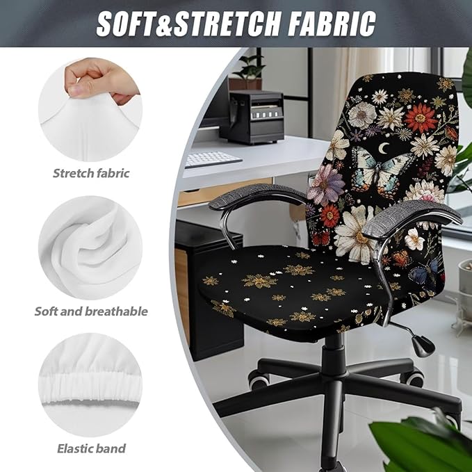 Talayituse Butterfly Daisy Moon Print Office Chair Cover Computer Chair Cover Thick Stretchable High Back Desk Chair Covers for Universal Large Boss Rotating Chair, S