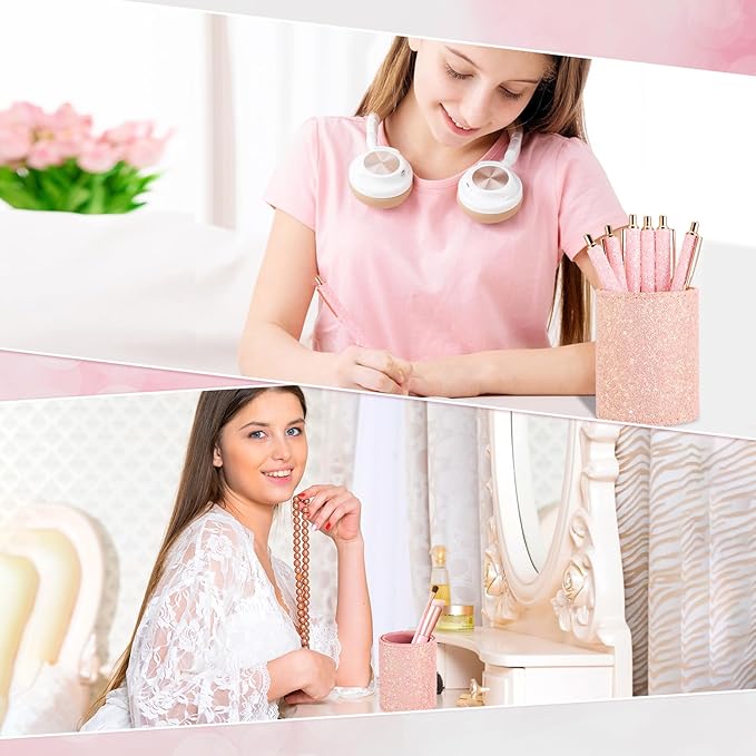 BBTO Bling Sequin Pen Holder with 6 Pcs Sequin Click Pens Cute Glitter Retractable Ballpoint Pens, Pencil Cups for Desk Organizer Makeup Brush Holder for Women Girls Classroom Offices(Light Pink)