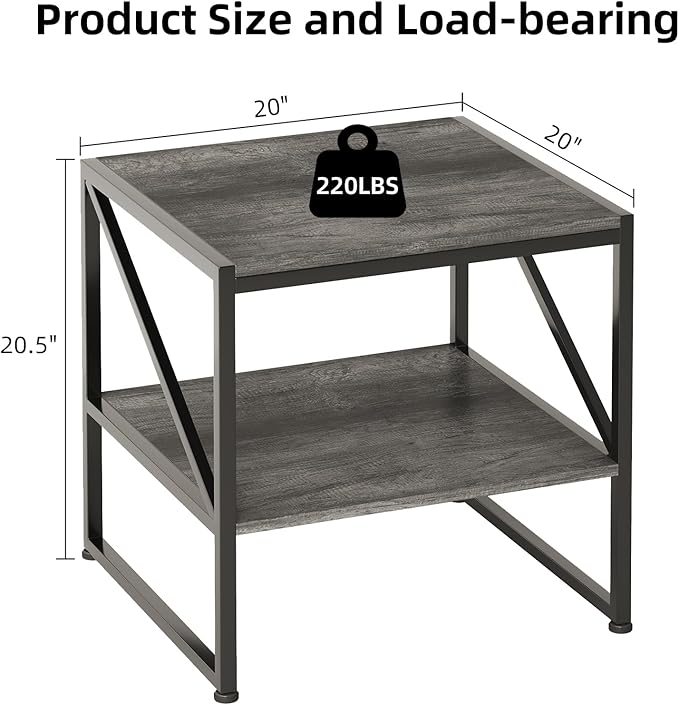 Mexin 20 Inch Square End Table, Mini Fridge Stand with 2-Tier Storage Shelf, High Load Capacity Printer Table for Living Room Bedroom, Grey Oak