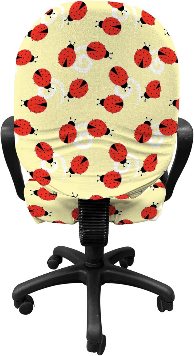 Ambesonne Ladybug Office Chair Slipcover, Childish Graphic Ladybugs Pattern on a Background with Swirls, Protective Stretch Decorative Fabric Cover, Pale Yellow Vermilion