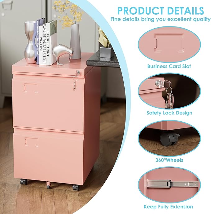 Aobabo Rolling File Cabinet with Lock,2 Drawer Metal Filing Cabinet for Home Office & Under Desk, Heavy-Duty Mobile Storage with 5 Wheels (Anti-Tilt), Fits Letter/Legal,Pink,Required Assembly