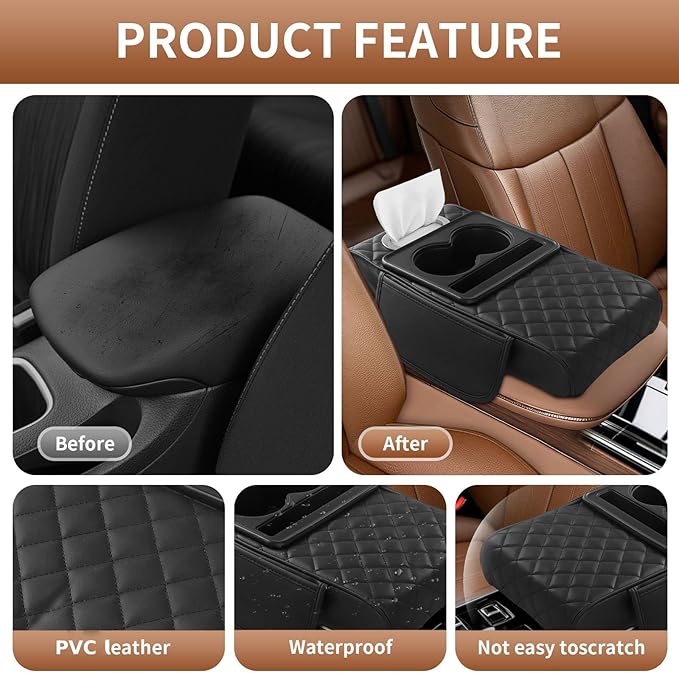 5-in-1 Universal Car Center Console Cover with Cup Holder, Upgrade Armrest Cushion for Car with Side Storage, PVC Leather Armrest Cover Pad with Phone Slot & Tissue Holder, Black