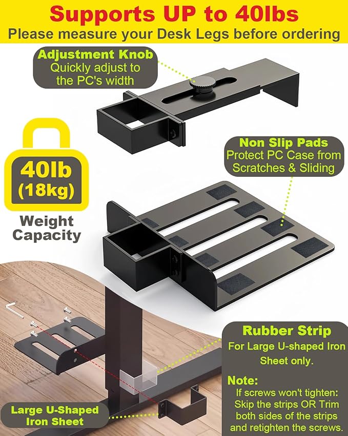 Under Desk PC Mount - No Drilling Heavy Duty 40 lbs Capacity, Adjustable Height and Width Clamp-on Desk Leg PC Mount for Standing Desks (Fits 75mm×45mm Legs only), with Non-Slip Pads, White