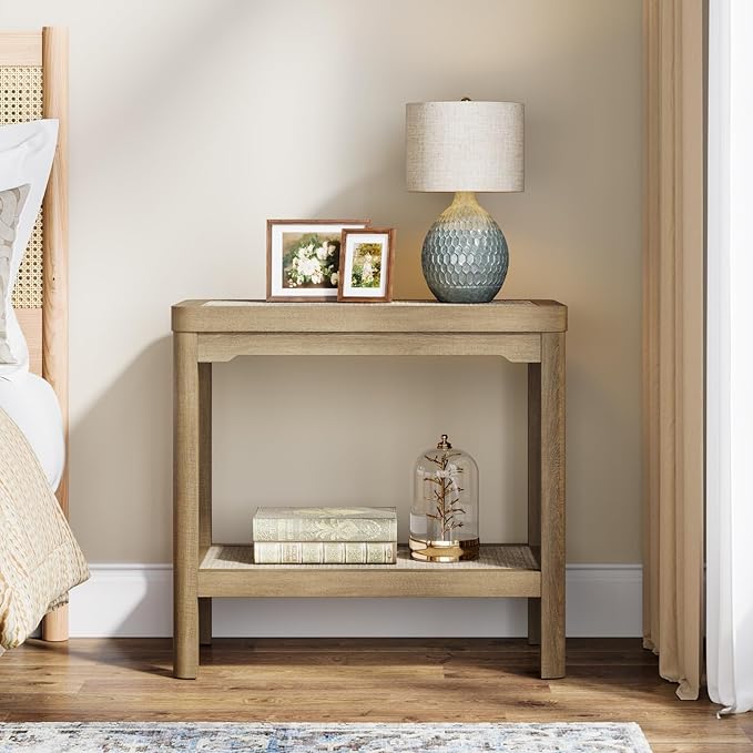 Eclatara Night Stand, Farmhouse End Table with 2 Tier Boho Rattan Shelves, Side Tables with Round Edge Design, Ultra-Thick Legs Bedside Nightstand for Bedroom, Caramel Oak