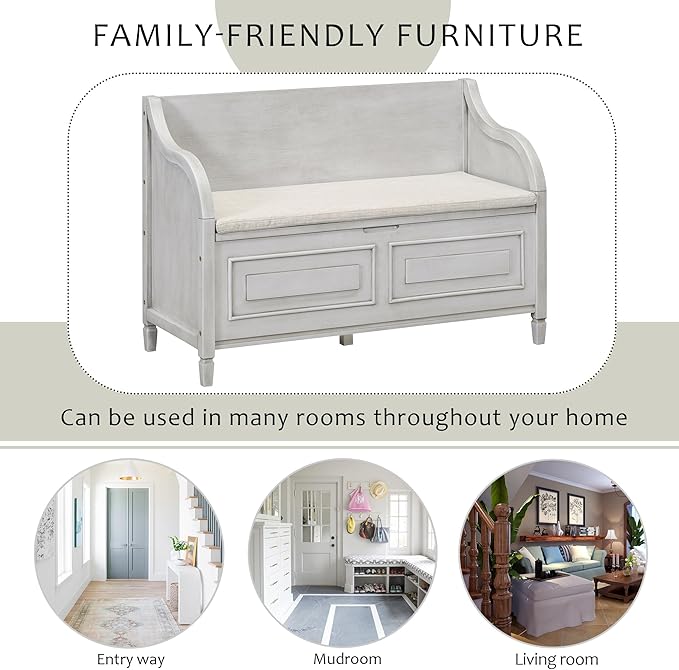 SOFTSEA 41.9" Storage Bench with Back, Entryway Shoe Bench with Cushion & Lift Top Storage, Rustic Shoe Storage Cabinet with Cushioned Seat for Entryway, Bedroom, Living Room (Grey Wash)