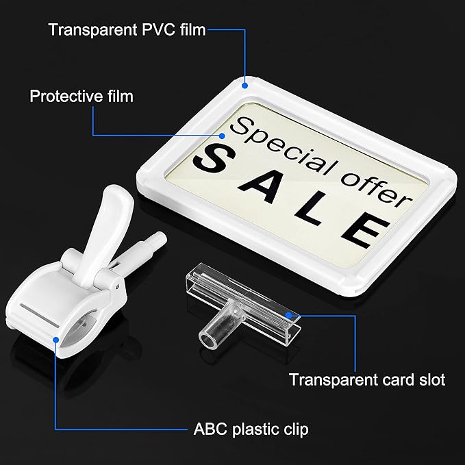 Mlici Acrylic Sign Holder with Clamp, 6 x 9 Inch Double Head Display Clips with PVC Card Protector, Rotating Sign Price Tag Clip On Sign Display for Hangrails or Tubes (Pack of 7) (White)