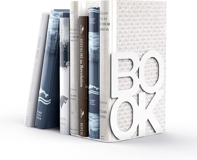 Book Ends - Decorative Metal Book Ends Supports for Bookrack Desk,Books, Unique Appearance Design,Heavy Duty (White, 8 Pair)