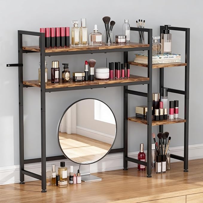 Desktop Bookshelf Hutch Desk Shelf 4 Tier Desktop Organizer Shelf for Computer Monitor 37.4" W Desk Hutch Organizer for Computer Desk Computer Desktop Bookcase for Home Office Dorm, Rustic Brown