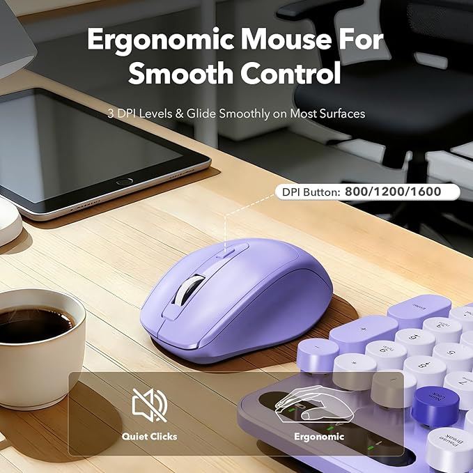 Wireless Keyboard and Mouse Combo with Detachable Magnetic Wrist Rest, Retro Typewriter-Style Keyboard, Round Keycaps, 3-Level DPI Ergonomic Mouse, 2.4GHz for Windows PC/Laptop (Lilac Purple)