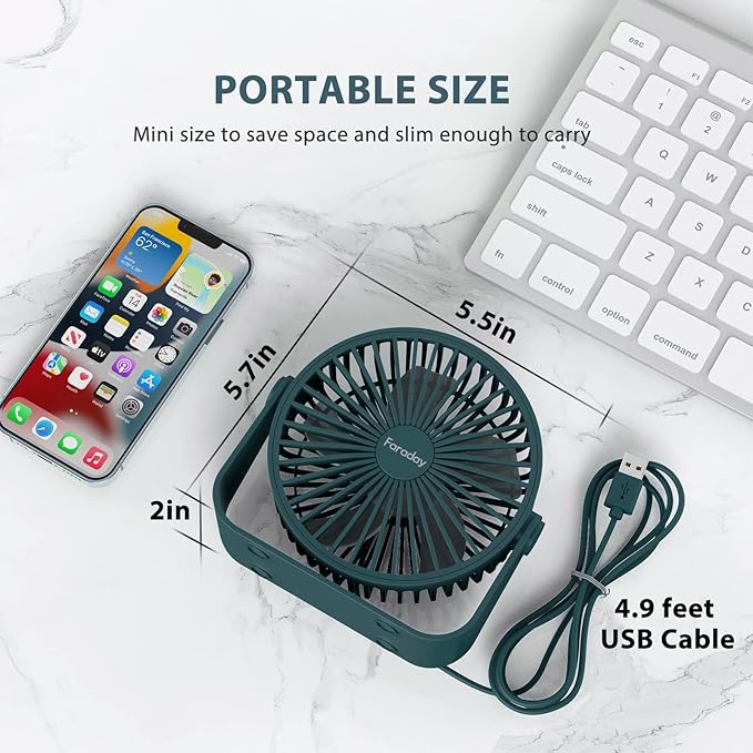 FARADAY USB Desk Fans 5 Inches Portable Table Fans 360° Head Rotation Small Personal Desktop Fan for Home Office, 3 Speeds, Deep Green