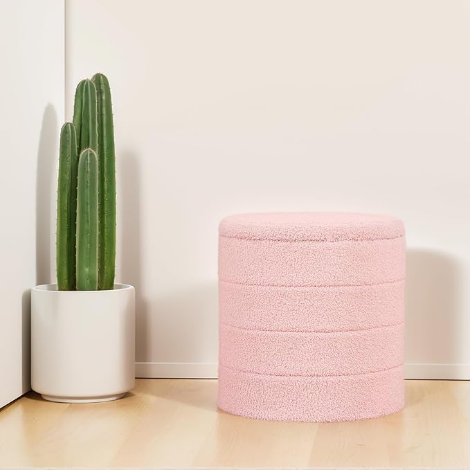 18" Tall Round Boucle Storage Ottoman, Sherpa Teddy Fabric Ottoman Footstool with Wooden Tray Reversible Lid, Folding Footrest with Storage for Living Room, Bedroom, Dorm, Pink