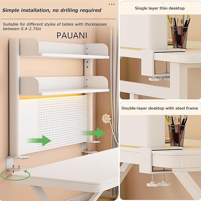 Clamp On Desk Organizer Shelf, Multipurpose Countertop Hutch Bookshelf, Desk Shelf Storage Rack, Desk Extender Pegboard Workstation, Privacy Panel For Gaming Desk, Metal Desktop Display Rack(B,L80cm/3
