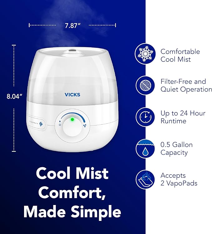 Vicks Mini Filter Free Cool Mist Humidifier, Small Room – Variable Mist Control – Works with Vicks VapoPads