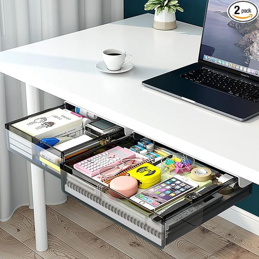 2 Pack Under Drawer Organizer, Slide Out Under Desk Storage, Self-Adhesive Drawer Attachment for Office, School, Home, Hidden Desktop Organizer for Office Supplies & Home Essentials (Black)