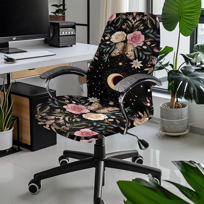Talayituse Butterfly Moon Rose Flower Print Office Chair Covers, Stretch Computer Chair Cover, Universal Boss Chair Covers Modern Simplism Style High Back Chair Slipcover, Small