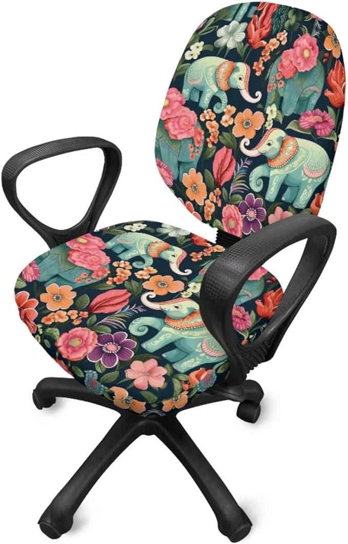 Floral Elephant Office Chair Covers Stretchable Office Chair Seat Cover 2 Piece Washable Gaming Chair Cover Universal Fit Most Wheelchairs,Computer Chairs,Gaming Chairs