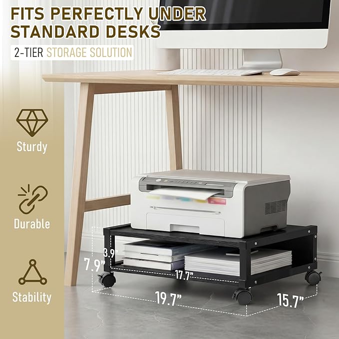 Zonon 2 Tier Printer Stand Under Desk with Lockable Wheels 19.7x15.7x7.9 Inch Rolling Printer Table Cart Under Desk Movable Wood-Based Panel Short Storage Shelf for Home Office Organization