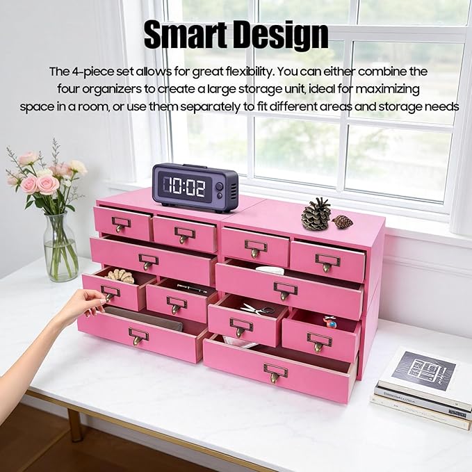 4 Packs Vintage Desktop Apothecary Cabinet with 3 Drawers, Vintage Desktop Organizer Wood Desktops Organizers Stackable Drawers Chest Drawer for Herb Storage Tea Collection Stationery (Pink)